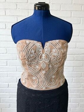 Express Beige Suede Embroidered Strapless Crop Top